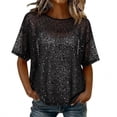 thumbnail image 2 of SSZMDLB Women Sequins T-Shirt Short Sleeve Round Neck Casual Basic Tee Holiday Party Tops Summer Fashion Outfits Workout Clothes, Black S, 2 of 7