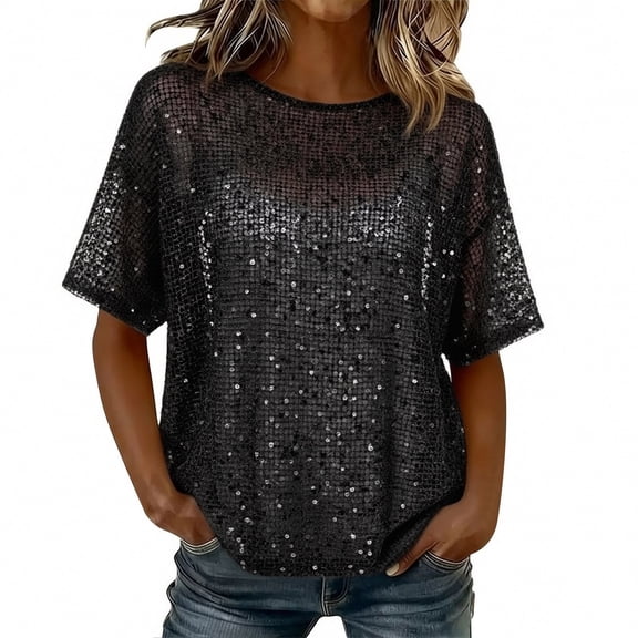 Dvprdro Womens Crew Neck Sequin T Shirts Short Sleeve Glitter Top Solid Party Going Out Blouse