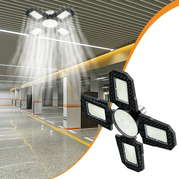 LED Garage Light 100W 12000LM Super Bright Shop Light with 360° Foldable Panels E27 Screw Socket Energy Saving Ceiling Light for Workshop Basement (Black)