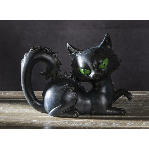 Wicca Witchcraft Mystical Curling Black Cat With Green Eyes Halloween Figurine