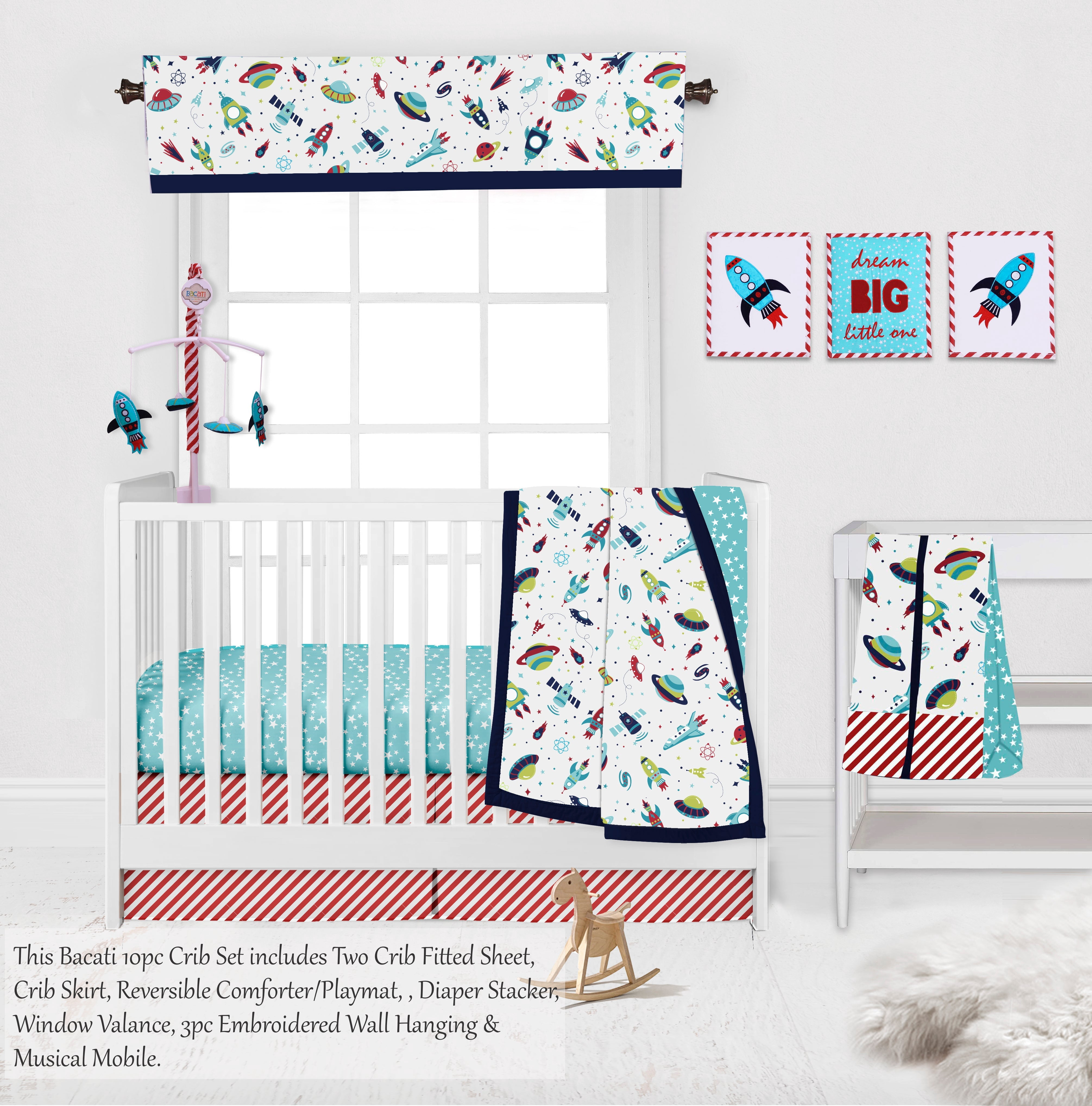 Bacati - Airspace 10-Piece Crib Bedding Set with Two Crib Sheets - Aqua/Navy/Green/Red Boys