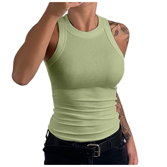 MIASHUI Women Tank Top Sleeveless Ribbed Basic Shirt Summer Casual Going Out Clothes,Green,L