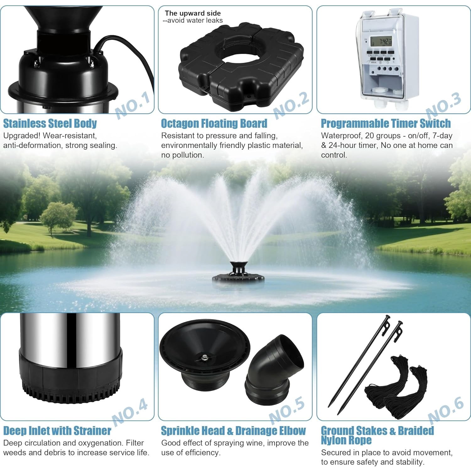 FOUR E's Scientific Pond Fountain Aerator, 1HP 750W 110V Stainless Steel Floating Fountain With 100ft Power Cord, Octagon Aerating Fountain Pump