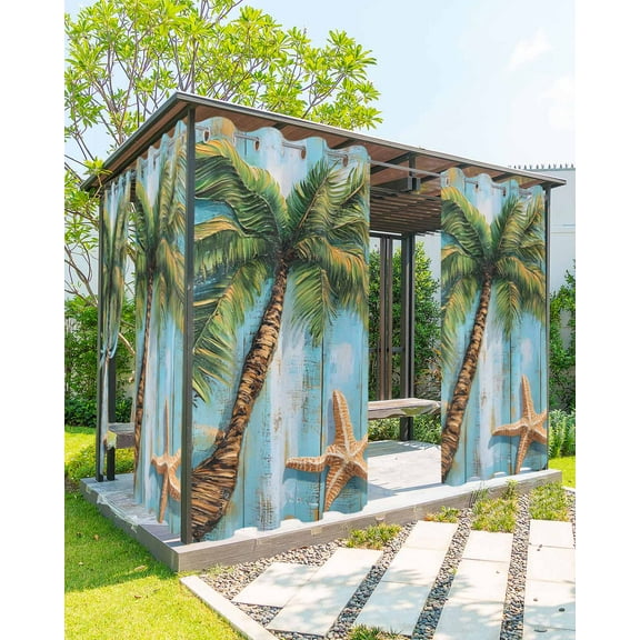 nqOlkjepod Outdoor Curtains for Patio Waterproof, Coastal Beach Tree Outdoor Privacy Panels Grommet, Summer Tropical Starfish Wood Grain Blackout Outside Curtains for Porch/Cabana 54"x108", 2 Panels