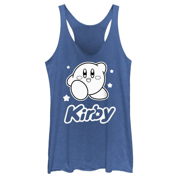 Women's Nintendo Kirby Black and White Portrait Racerback Tank Top Royal Blue Heather Large
