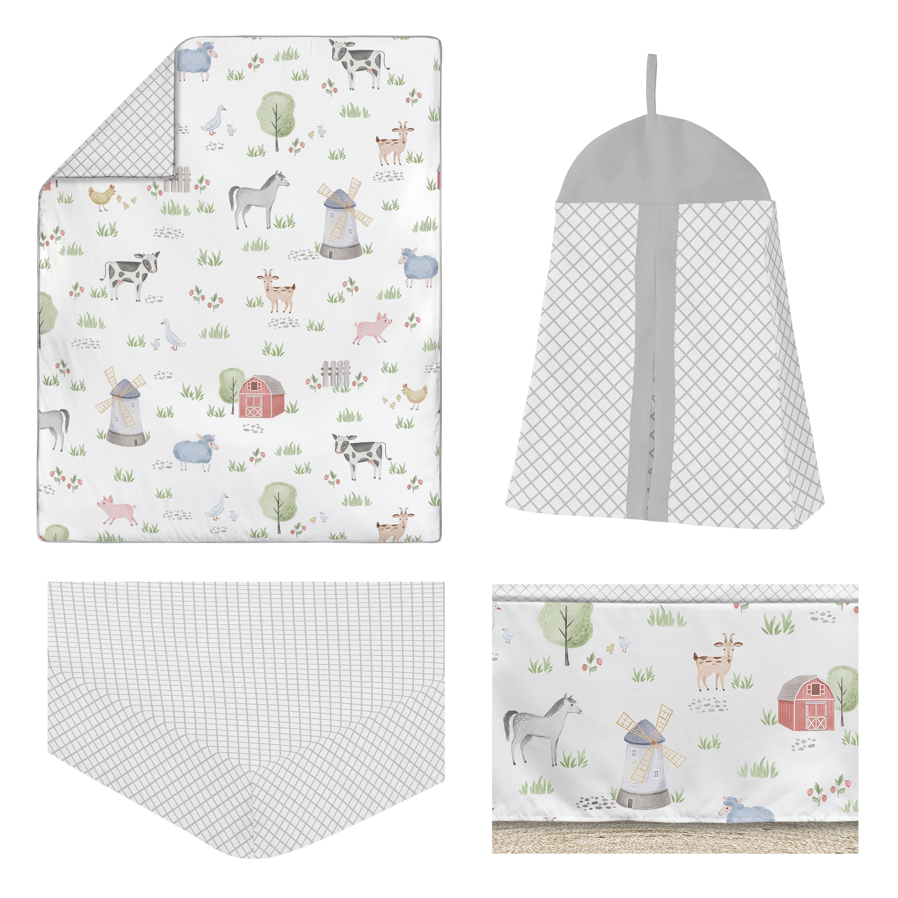 Sweet Jojo Designs Farm Animals Gray Green Grey Red 4 Piece Crib Bedding Set