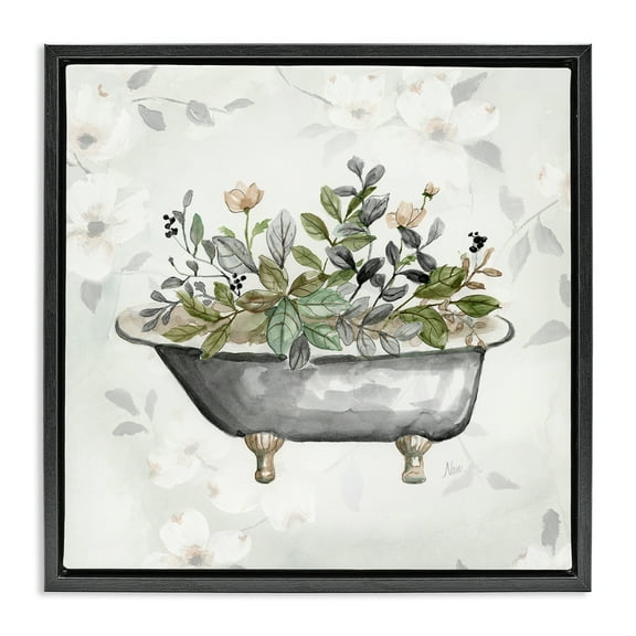 Stupell Industries Leaf Patterned Tub Typography Painting Black Floater Framed Canvas Art Print Wall Art, 18 x 18