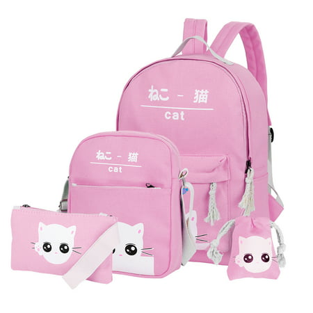 Vbiger Canvas Kids Backpack Set 4pcs Casual Kitty School Bag for Teenage Girls(