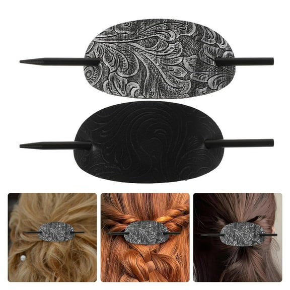 ELAYARD 2 Pcs Handmade Genuine Hair Accessories For Women With Retro Design In Black PU