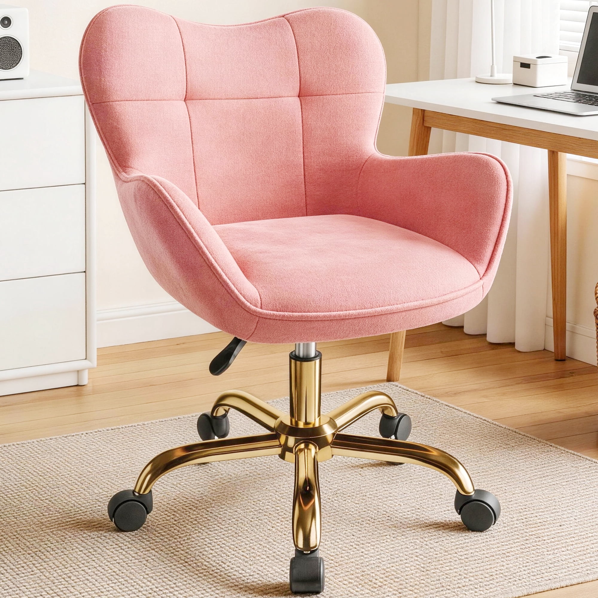 COOHUT Velvet Vanity Chair, Mackup Chair with Wheels, Comfy Swivel Modern Leisure Armchair for Girls Women, Small Office Chair Height Adjustable for Living Room, Bedroom, Offic, Pink