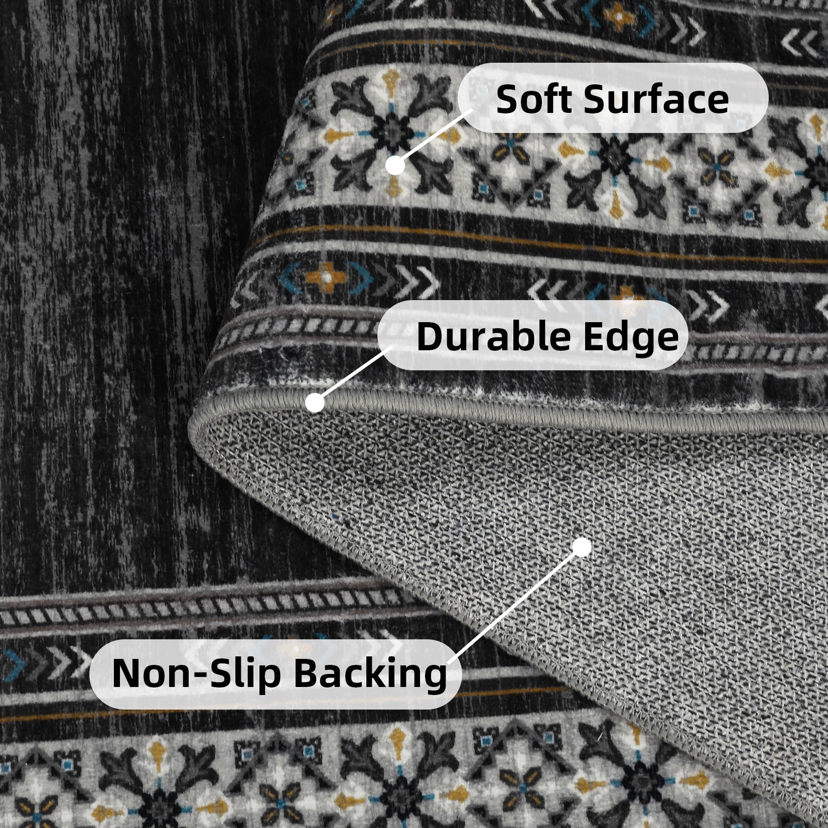 Garvee 5'x7' Area Rug Modern Bordered Rug Floral Rug Washable Rugs Soft Foldable Accent Rugs for Living Room Bedroom, Black