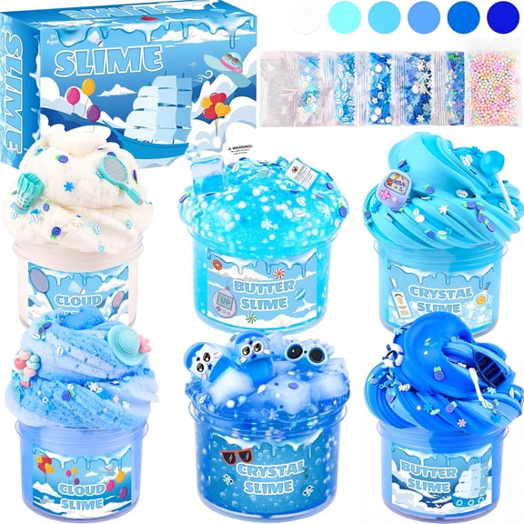 CYFW 6 Pack Slimes Kit, Blue Slime Kids, Cloud Butter & Clear Slime, Party Favors, Toys for Girls Boys Ages 8-12, Goodie Bag Stuffers, Birthday Gift Ideas Cute Stuff