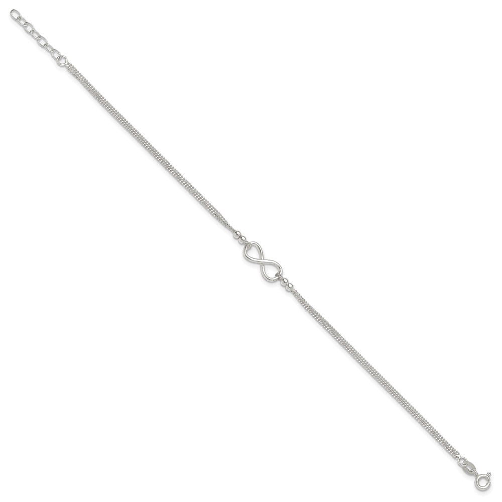 Sterling Silver 2-Strand Beaded Infinity Symbol 10in Plus 1in ext. Anklet