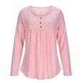 thumbnail image 5 of RongHuan Women Eyelet Tops Casual Long Sleeve Crew Neck T Shirts Lightweight Button Up Shirt Comfy Solid Color Vacation Tee, 5 of 8