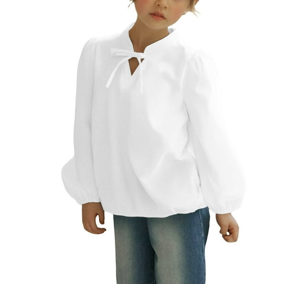 Ruyang Girls Puff Sleeve Blouse Plain Dress Shirt Teens Fashion Lace-up Shirts Solid Baggy Aesthetic School Formal Tops