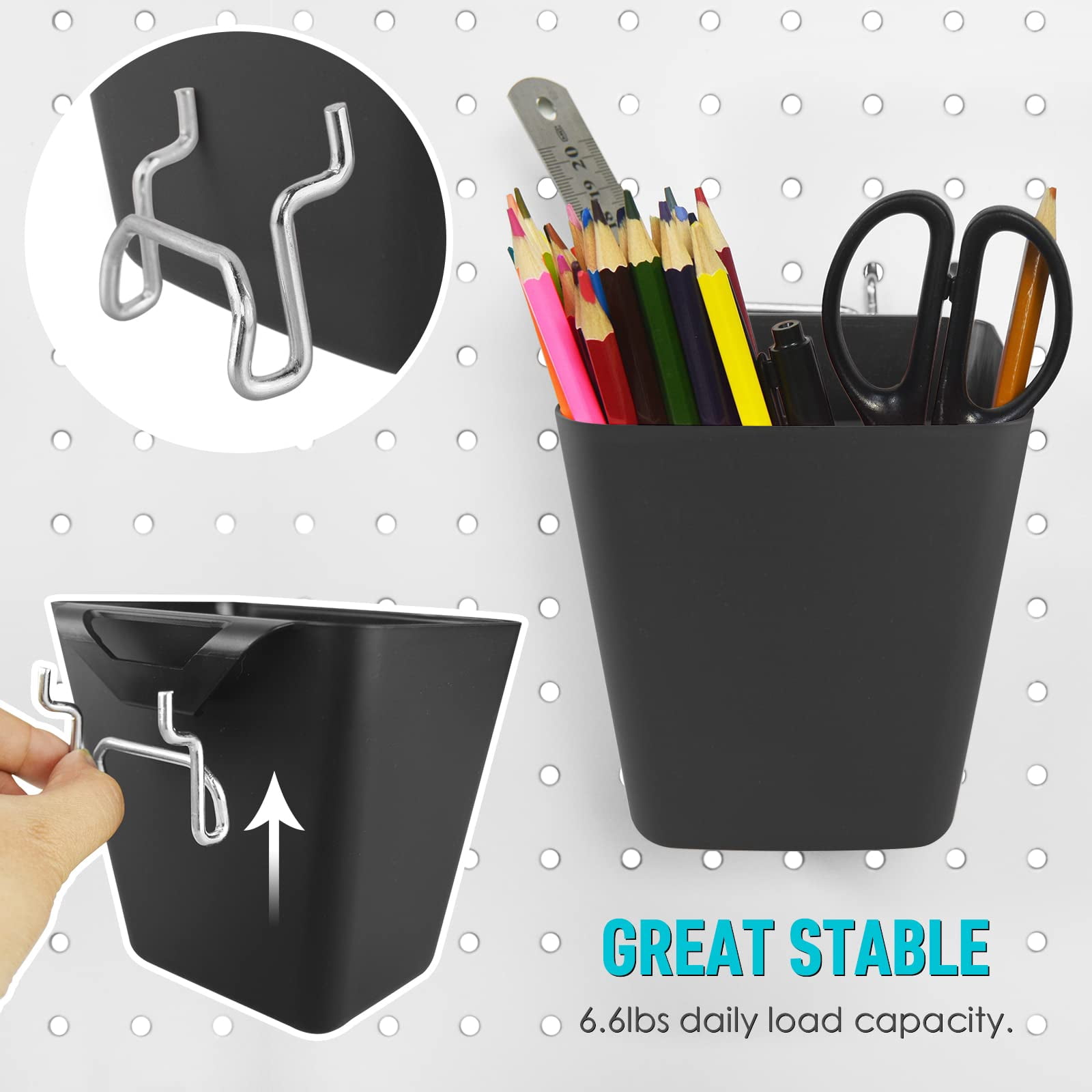 Large Pegboard Cups Peg Board Storage Bin 6 Pack With Hooks  Square Box Shape Cup Holder Accessories For Garage Workbench/craft Room/office/playroom/home Kitchen Organization (black)