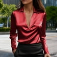thumbnail image 2 of RYRJJ Women's Elegant Cowl Neck Satin Blouse Long Sleeve Business Office Work Shirt Dressy Casual Silk Tops(Wine,L), 2 of 9