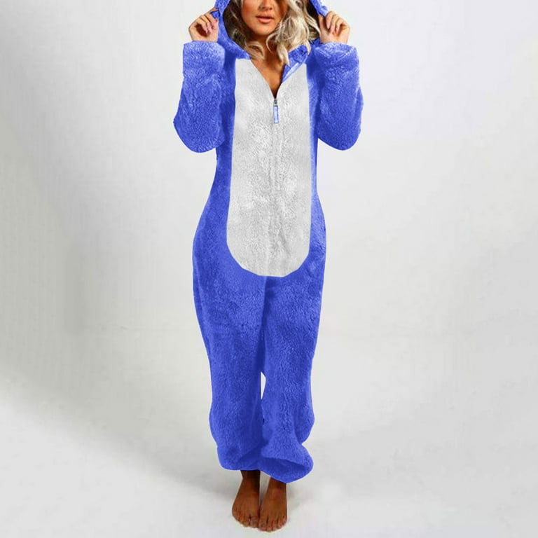 Adult Onesie Pajamas for Women Cat Ears Cute Teddy Fleece Fuzzy Homewear Teens Plus Size Zip Hooded PJs Sleepwear Large Blue