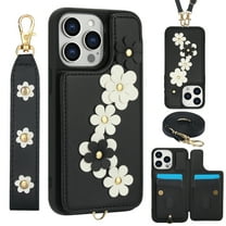 for iPhone 11 Pro Max 6.5-inch Crossbody Wallet Case, Women Flip Cover Flower Design PU Leather Kickstand Card Holder Slots Wrist Strap Lanyard Purse Phone Case for iPhone 11 Pro Max 6.5-inch, Black