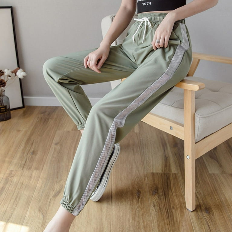 JDEFEG Womens Tie Pants Casual Women Casual Sport Pants Side Mesh Thin  Breathable Strap Design Nine Point Pants Soft Sweat Pants Women Polyester  Green Xl 