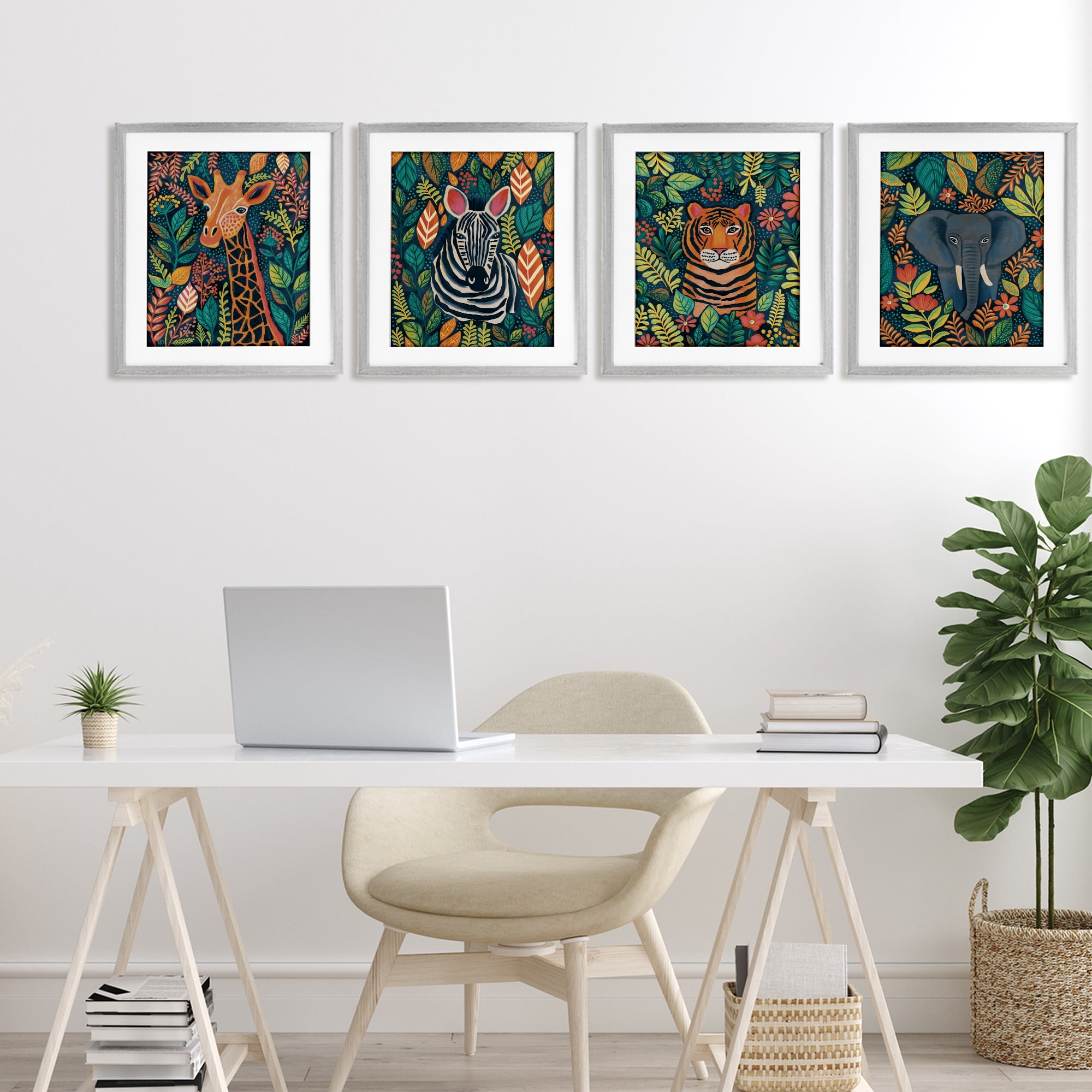 Stupell Industries Jungle Leaf Pattern Animals 4 Piece Gray Framed Print Under Glass Set, design by Lisa R Dumm