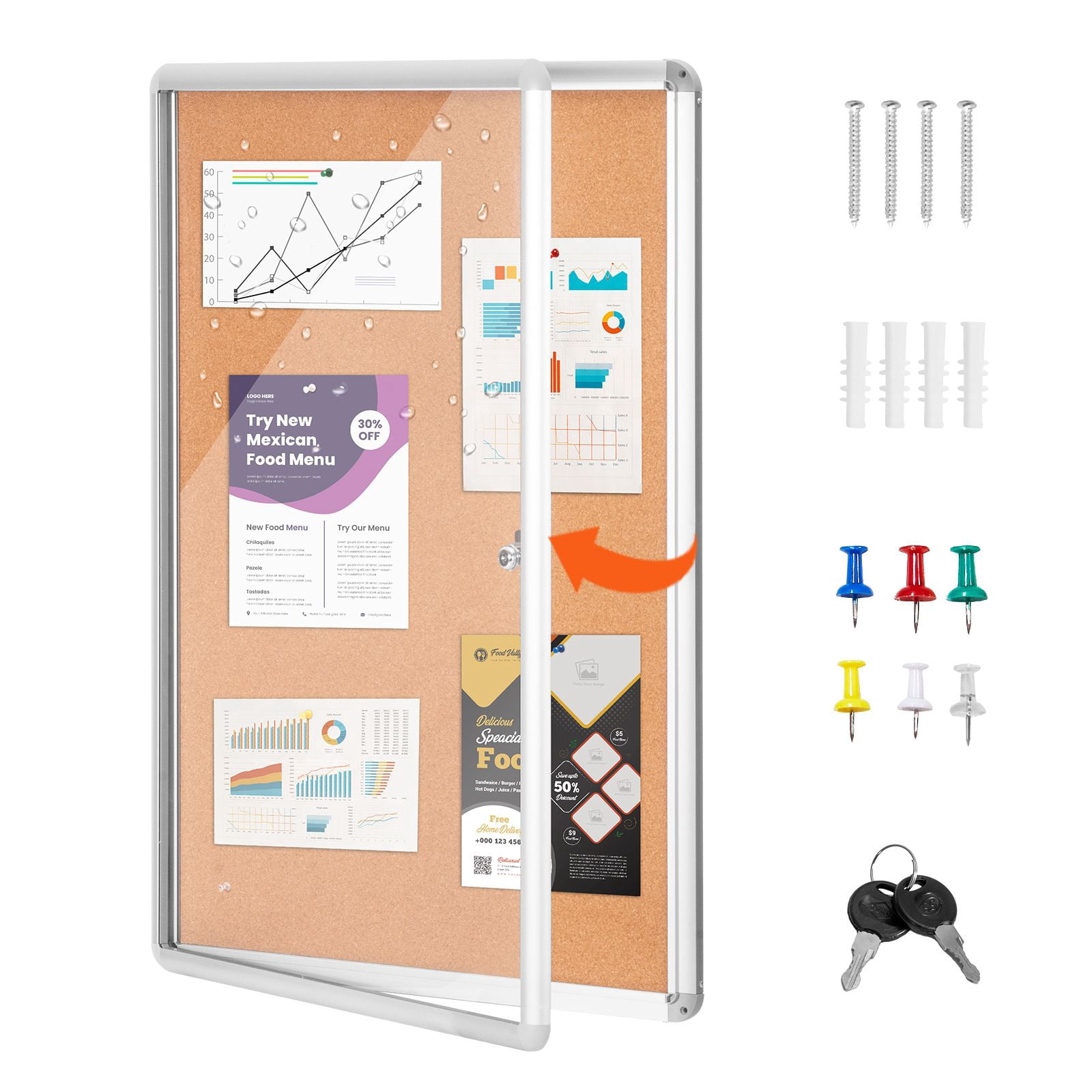 36X24 inch aluminum frame lockable weatherproof bulletin board with acrylic door, two keys, wall display cabinet, school home office