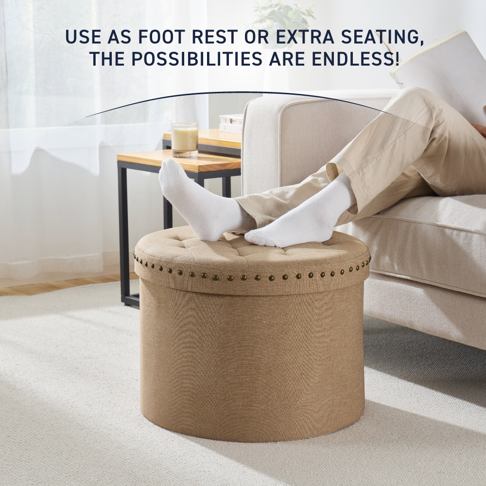 Ornavo Home Décor Large 20" Round Collapsible Ottoman with Storage with Nailhead Trim for Living Room and Bedroom - Linen Tan/Taupe
