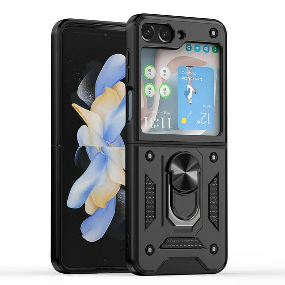 For Samsung Galaxy Z Flip 5 Hybrid with Slide Camera Lens Cover and Ring Holder Kickstand Rugged Heavy Duty Hard Cover ,Xpm Phone Case [ Black ]