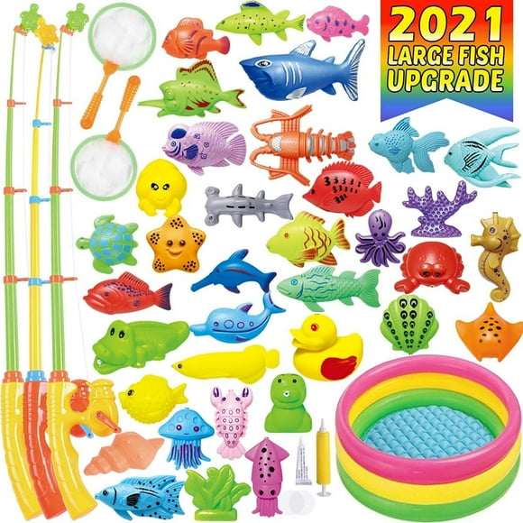 HHHC Magnetic Fishing Toys Game Set for Kids Water Table Bathtub Kiddie Pool Party with Pole Rod Net, Plastic Floating Fish-Toddler Color Ocean Sea Animals Age 3 4 5 6 Year (XXX-Large)