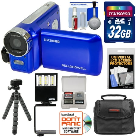 Bell & Howell DV200HD HD Video Camera Camcorder with Built-in Video Light (Blue) with 32GB Card + Case + Flex Tripod + LED Video Light +
