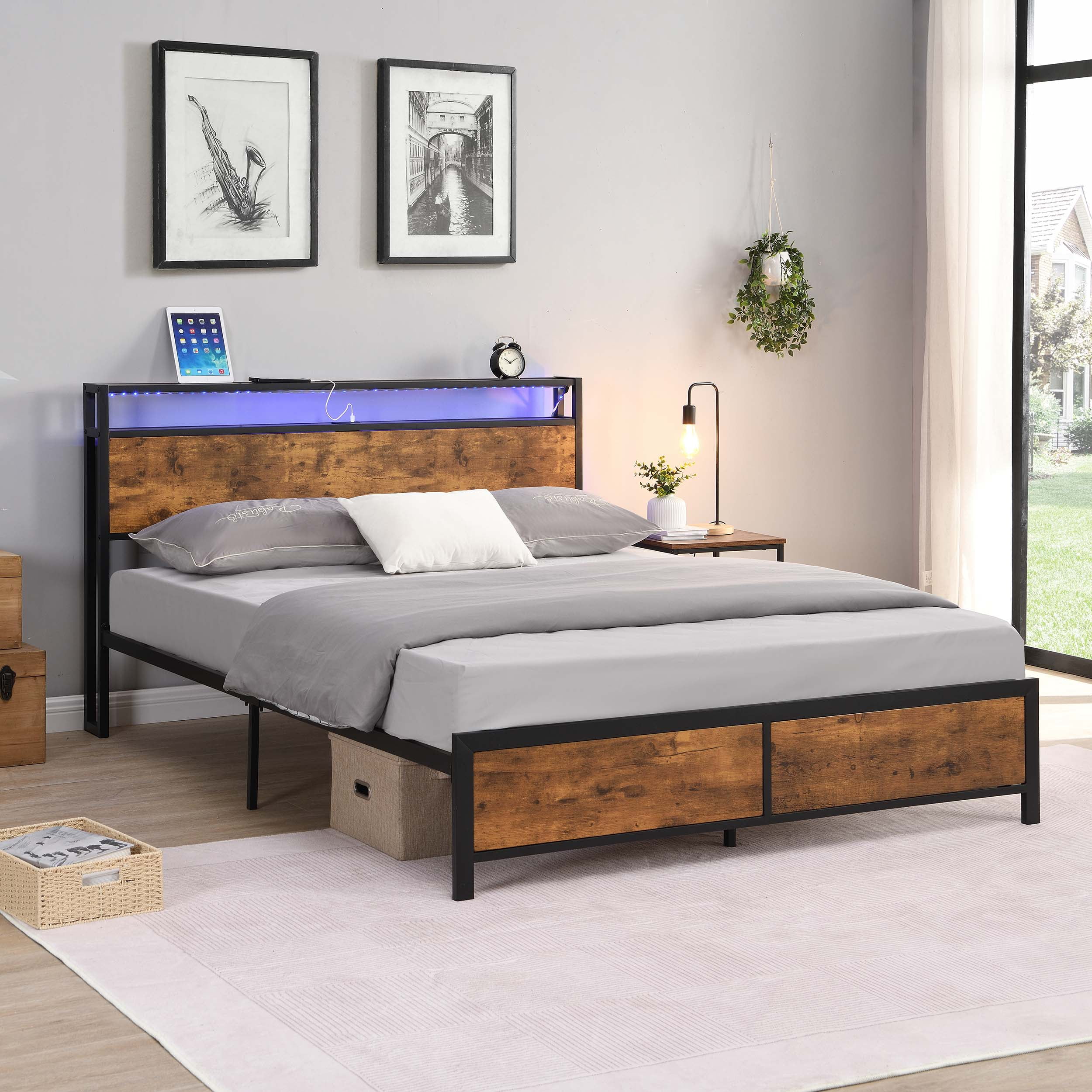 Leumius Full Size Bed Frame with LED Lights and 2 USB Ports,Industrial Platform Bed with Under-Bed Storage and Wooden Headboard,Noise Free,Rustic Brown
