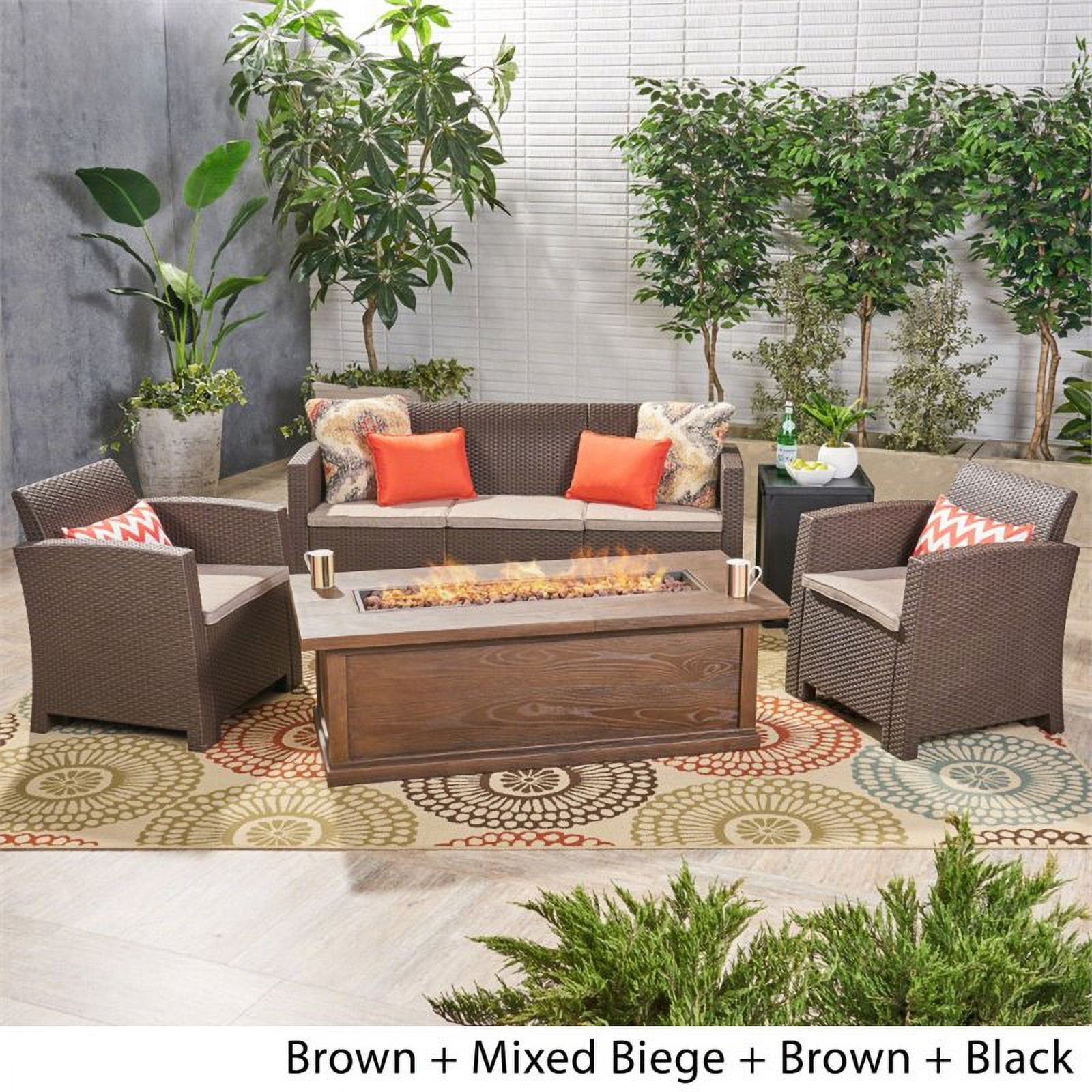 Antonio Outdoor 5 Piece Wicker Print Chat Set with Wood Finished Fire Pit and Tank Holder, Brown, Mixed Biege, Brown, Black - image 3 of 12