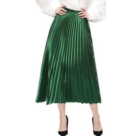 Women's High Waist Party Accordion Pleats Metallic Midi Skirt Dress Green M (US 10)
