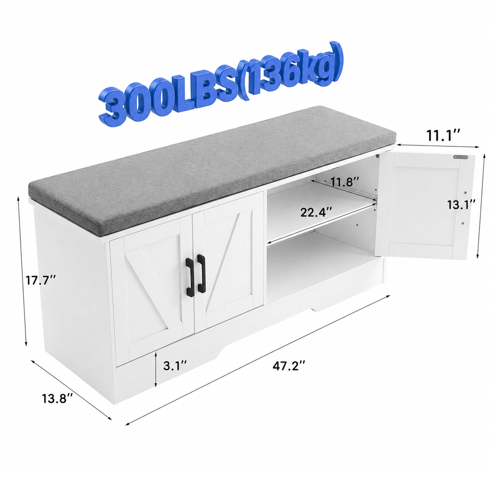 Alvantor White 2-Tier Wooden Shoe Storage Cabinet with Cushioned Seat, Adjustable Shelves for Entryway, Bedroom