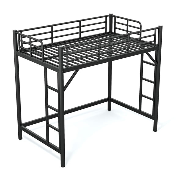 Twin Size Metal Loft Bed, Loft Bed with Easy Climbing Ladder and Guardrails , Black