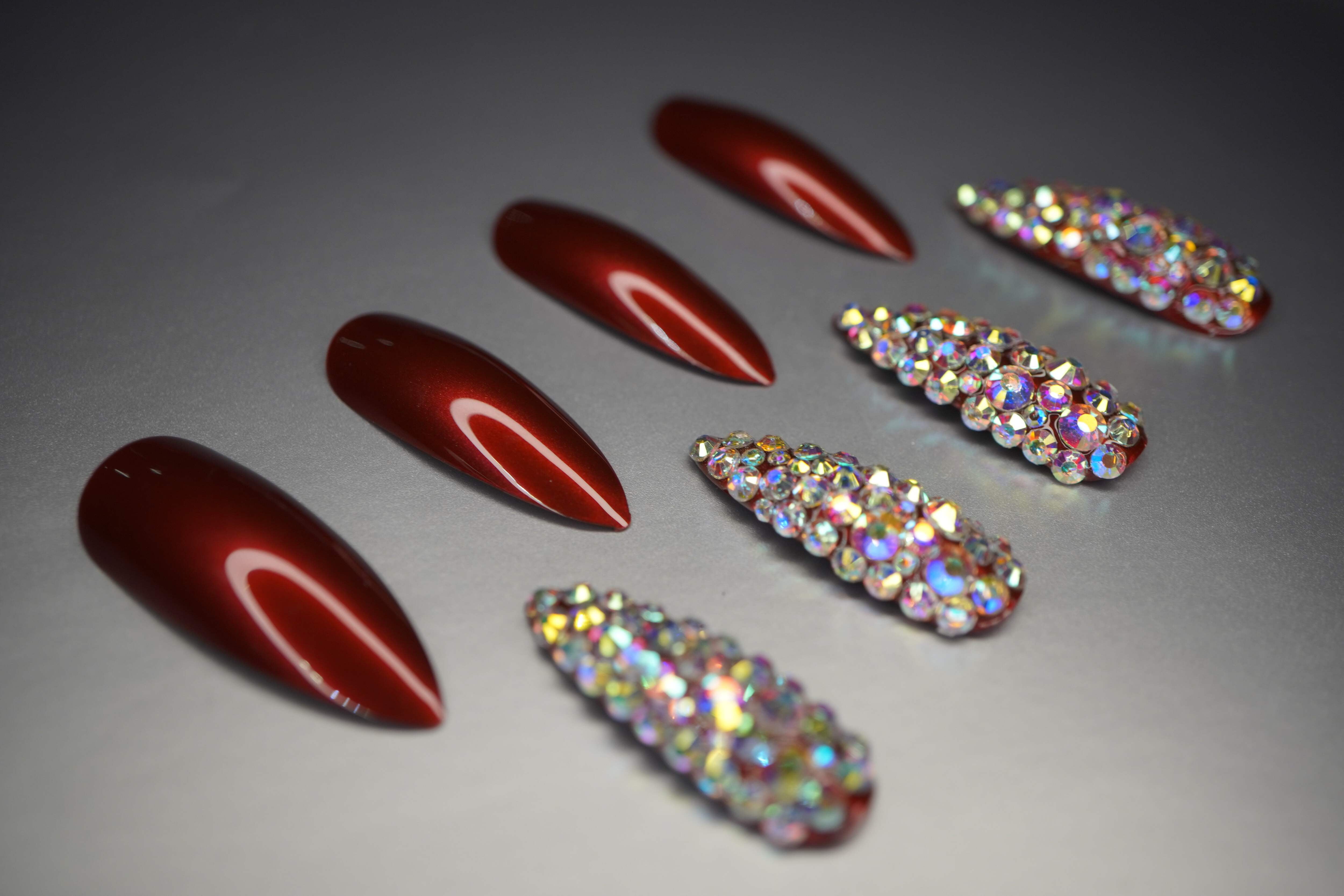 Merlot Kiss, Burgundy Red 3D Crystal Press On Nails, Extra Long Tips Sharp Stiletto Fake Nails Set