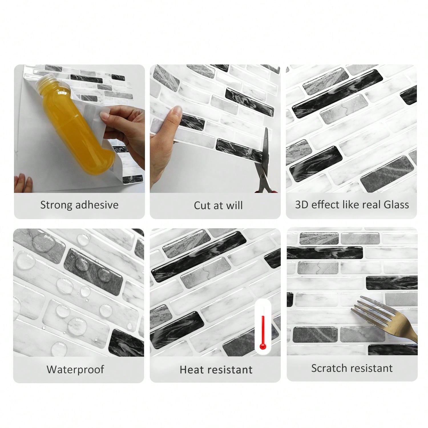 Peel and Stick Backsplash Vinyl Tiles in Grey Marble Bathroom Waterproof Self-Adhesive Mosaic Wall Decoration ( set of 10)