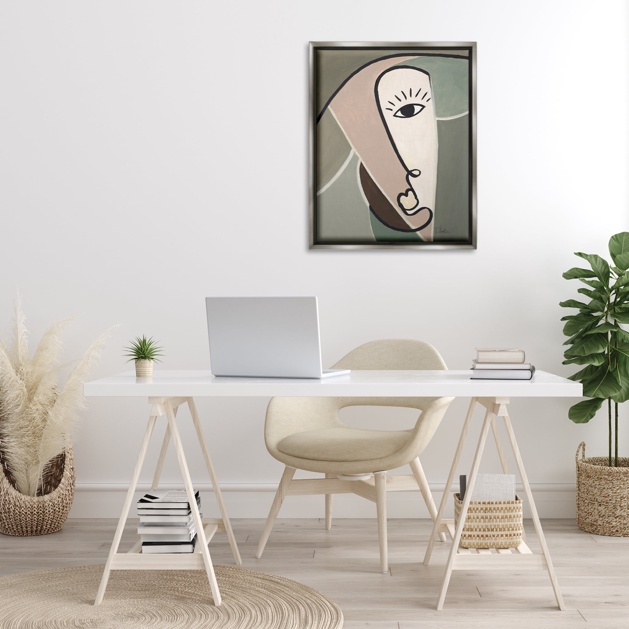 Stupell Industries Boho Cubism Face Abstract Painting Gray Floater Framed Canvas Art Print Wall Art, 25 x 31