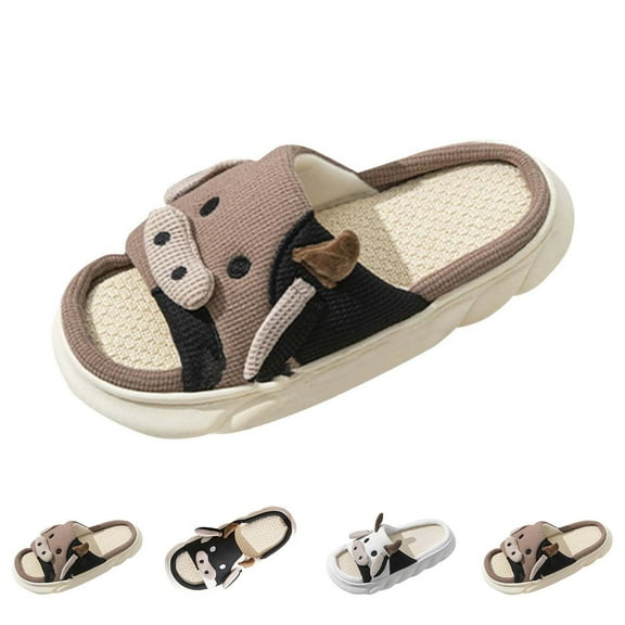 Xfvqtps Cow Slippers for Women Men Flax Insole Memory Foam Non Slip Thick Sole Open Toe House Bedroom Cute Slippers Coffee