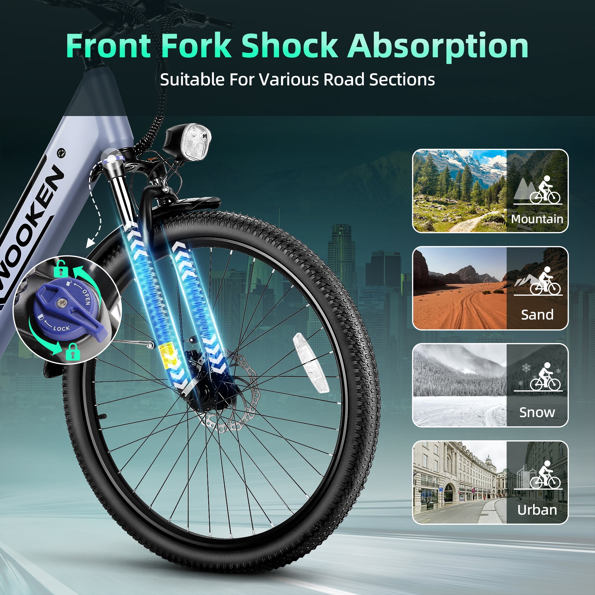 WOOKEN Electric Bike for Adults ,48V 10.4Ah Removable Battery and up to 50Miles 19.8MPH, 26" x 2.1" Electric Commuter Bike with 7-Speed and Front Suspension, UL 2849