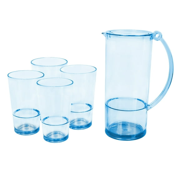 Set de Jarra Transparente Azul con 4 Vasos – Plástico Resistente