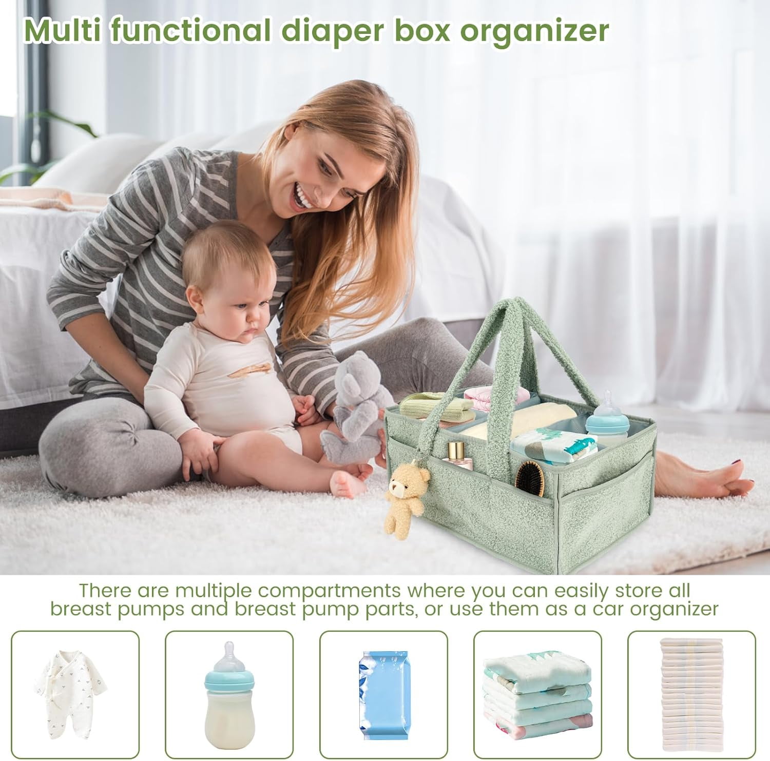 Nappy Caddy Organizer for Baby Changing Table, Portable Diaper Caddy With Removable Dividers/Handle, Newborn Essentials, Nursery Wipes Storage Bag, Gift for Mum, Baby Shower