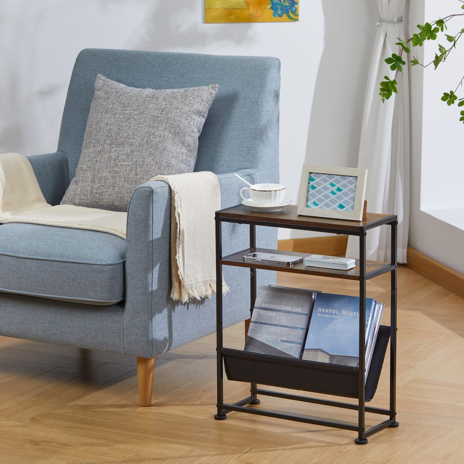 ZEXVIDA Narrow End Table for Small Spaces - Slim Side Table with Magazine Holder,2 in 1 Design Narrow End Table Living Room,Skinny Bedroom Nightstand Thin Side Magazine Table,Rustic Brown