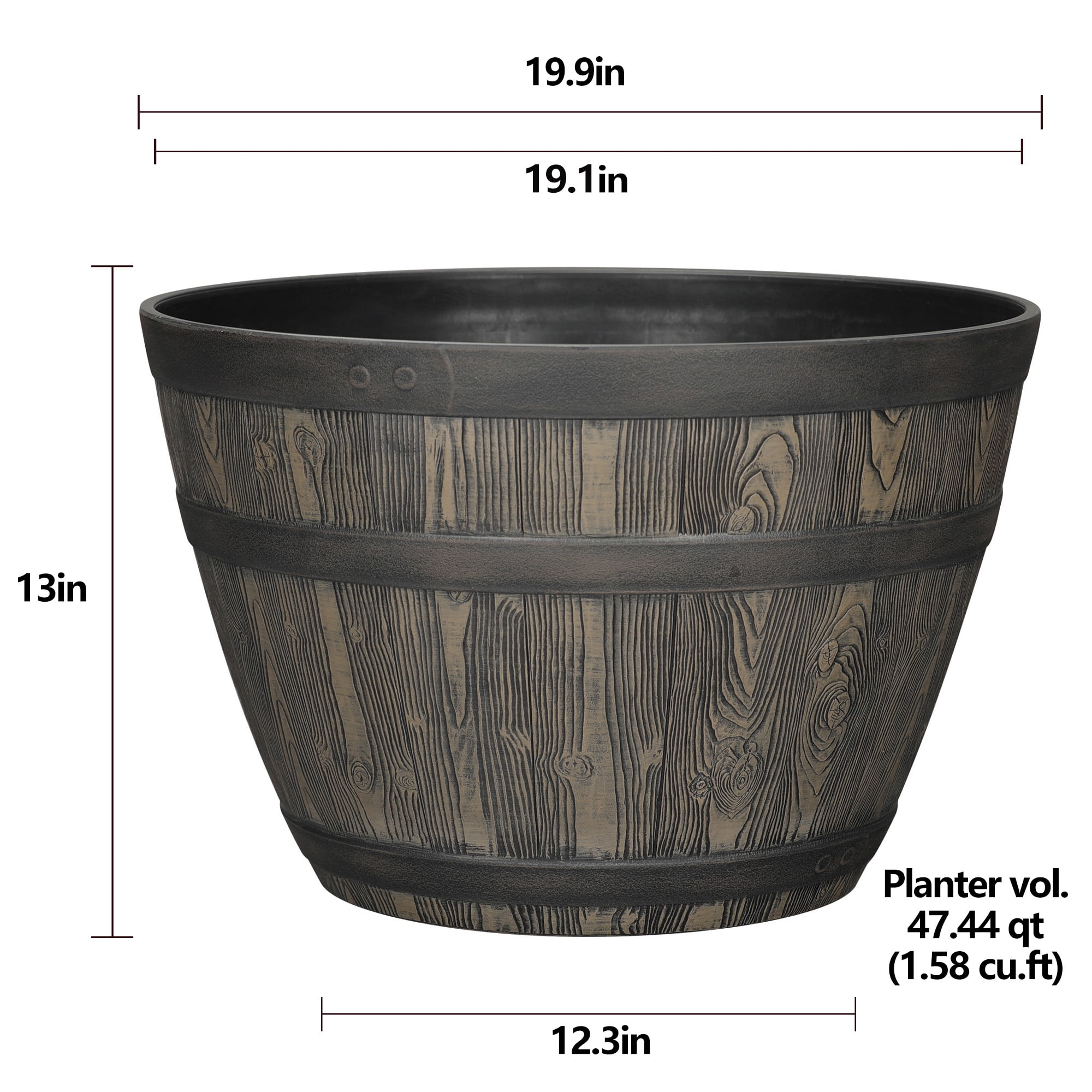 (2 pack) Better Homes & Gardens Whiskey Barrel Brown Resin Planter, 19.9in x 19.9in x 13in