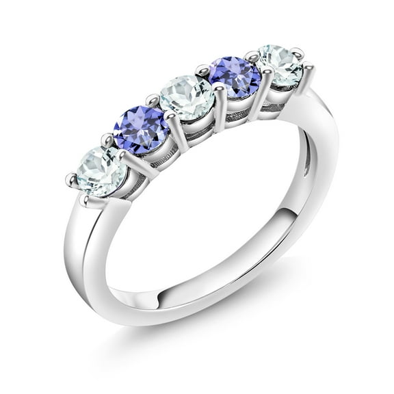 Sky Blue Aquamarine and Blue Tanzanite 5-Stone Wedding Anniversary Band Ring for Women | 925 Sterling Silver | 0.87 Cttw | Gemstone Birthstone | Available in Size 5, 6, 7, 8, 9 | Size 7