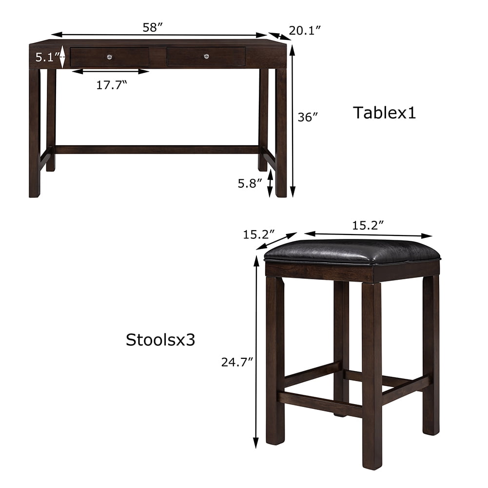 Lowestbest 4-Piece Counter Height Table Set, Mulitpurpose Rustic Bar Dining Table Set, with Socket, Leather Padded Stools and 2 Drawers, Espresso Lowestbest 4-Piece Counter Height Table Set, Mulitpurpose Rustic Bar Dining Table Set, with Socket, Leather Padded Stools and 2 Drawers, Espresso