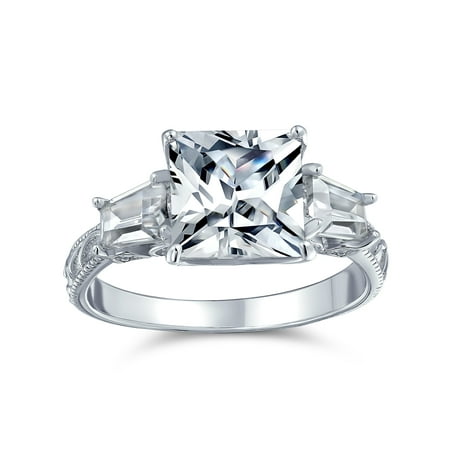 Personalize Vintage Antique Style 3CT AAA CZ Baguette Side Stones Solitaire Square Brilliant Princess Cut Engagement Ring for Women Milgrain Filigree