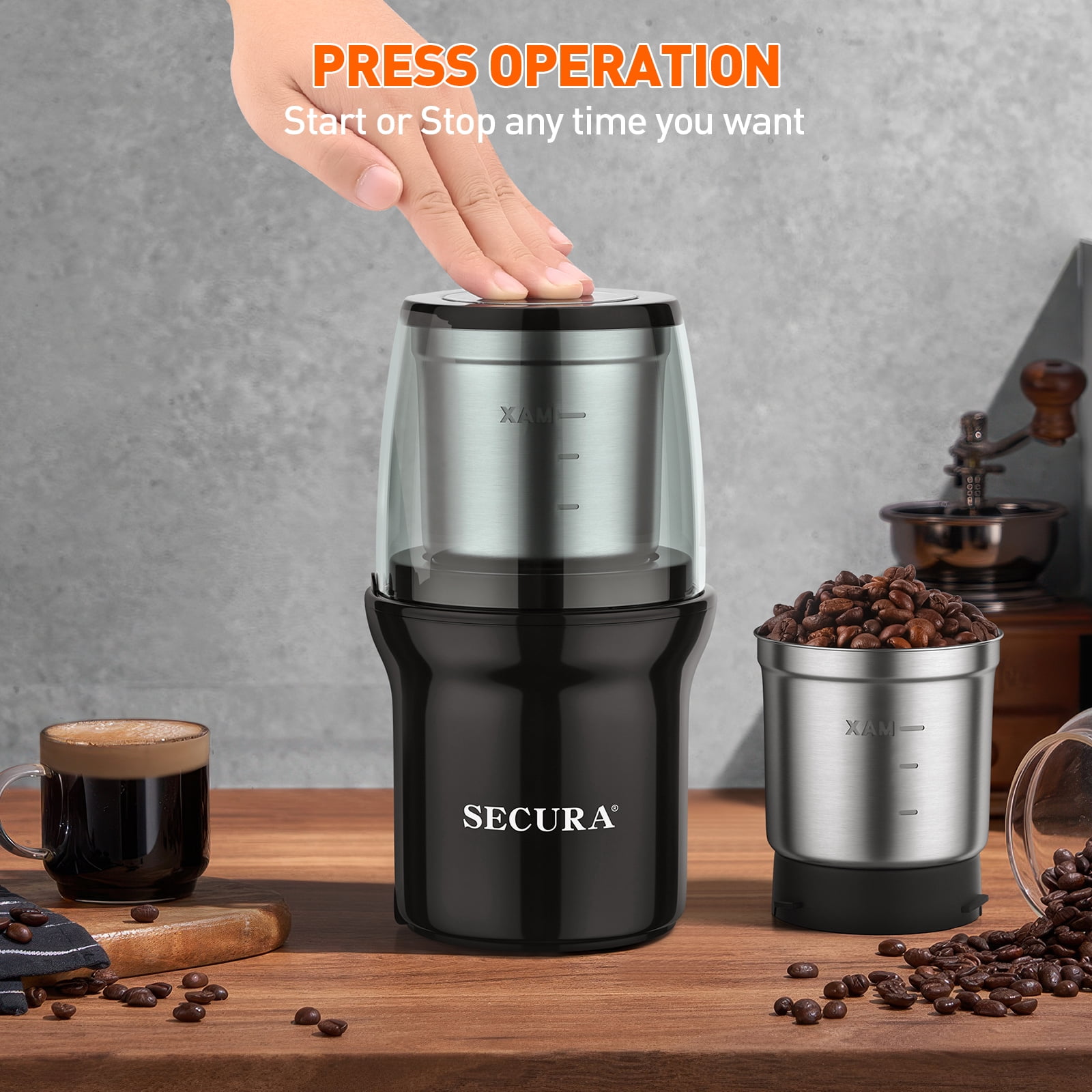 Secura Electric Spice Grinder, Dual Stainless Bowls for Wet & Dry Grinding, Multi-Use for Spices & Coffee