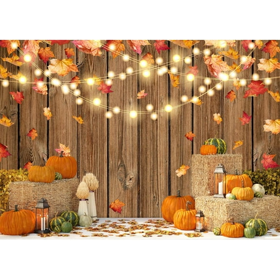 Fall Autumn Photography Beautiful Backdrop Rural Wooden Pumpkin Maple Leaf Haystack Thanksgiving Photo Background Party Decoration Banner