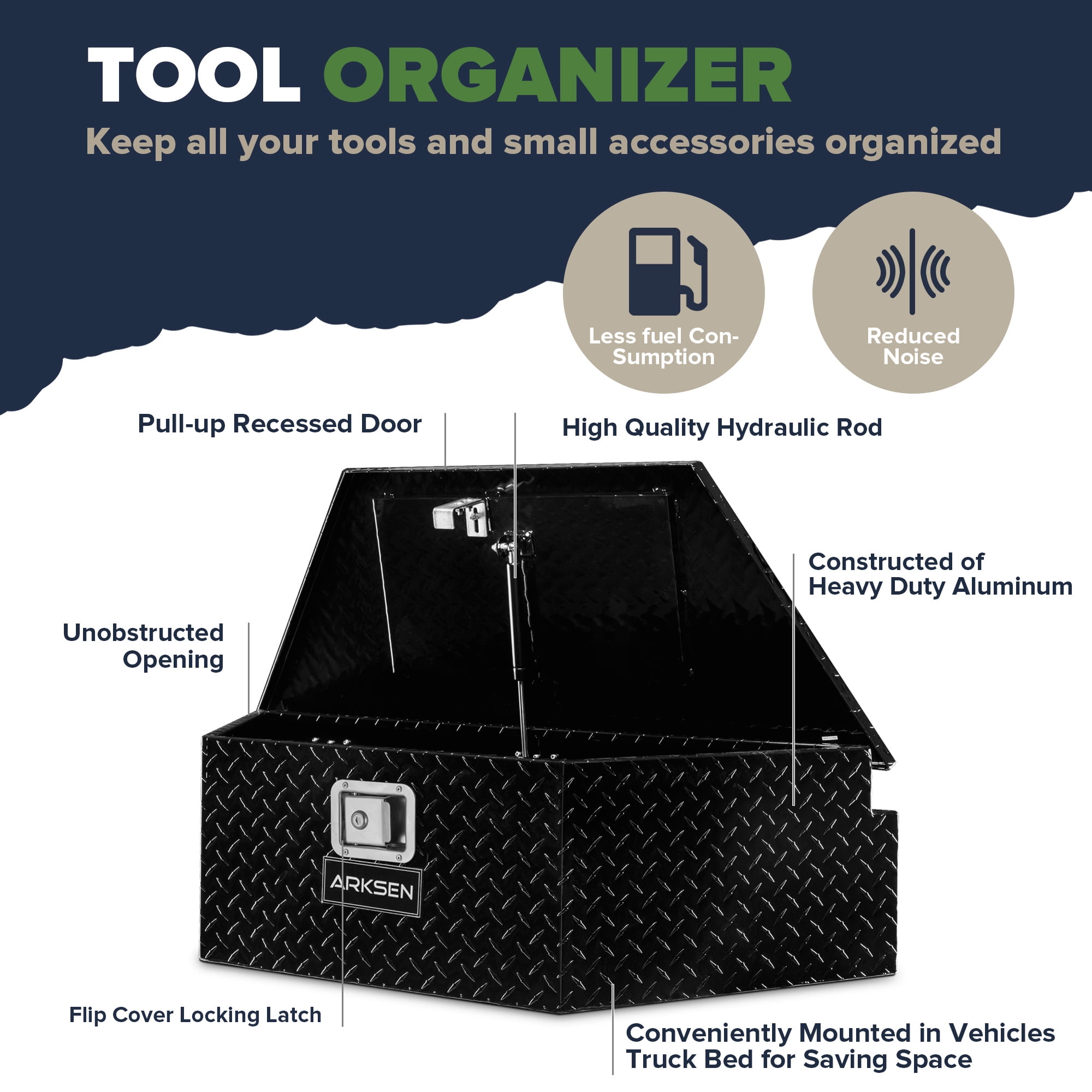 ARKSEN 39" Diamond Plate Aluminum Trailer Tongue Box Pickup Truck Tool Box Storage Organizer With Lock Key, Black